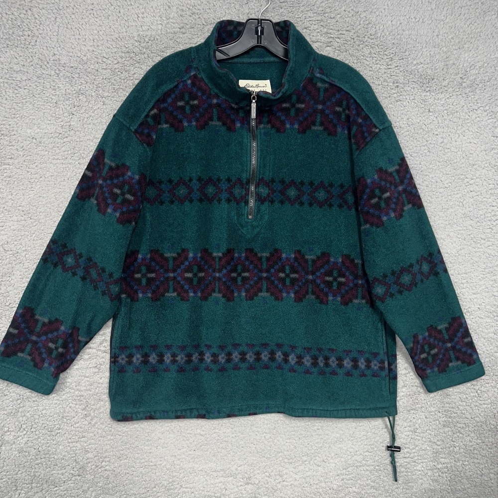 VTG Eddie Bauer Sweater Men's Sz M Green Aztec ¼ Zip Fleece Polartec Sweatshirt